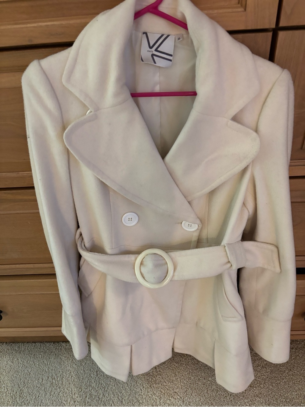 K Knits Cream Double-Breasted Belted Pea Coat